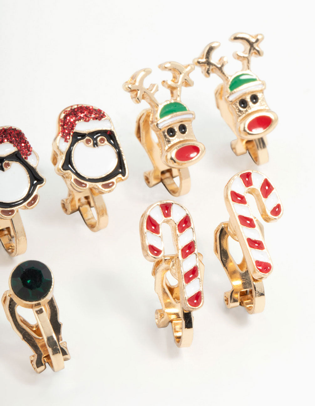 Kids Penguin & Candy Cane Clip On Gold Earrings 5-Pack