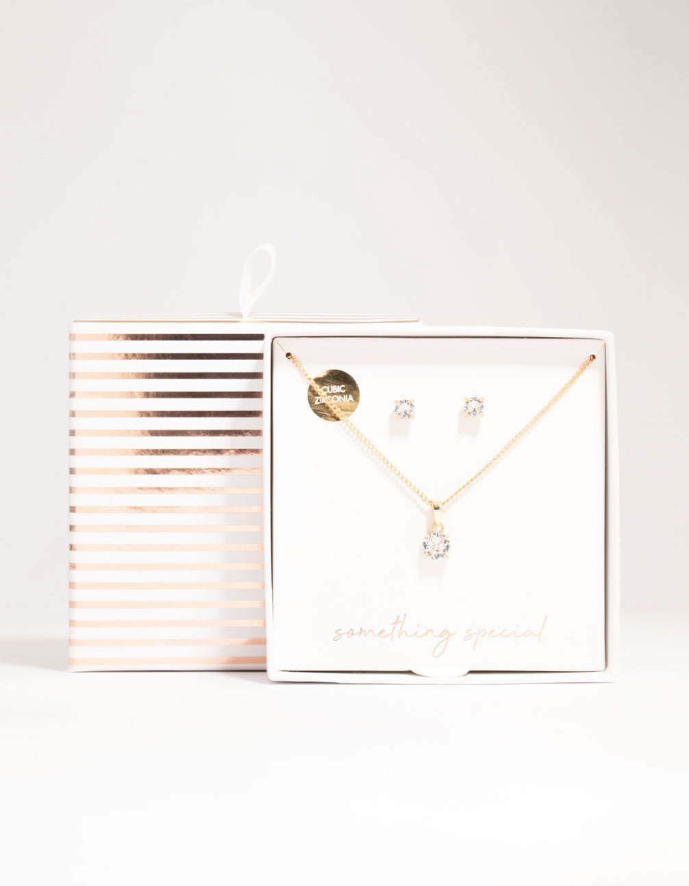 Gold Cubic Zirconia Solitaire Necklace & Stud Earrings Set