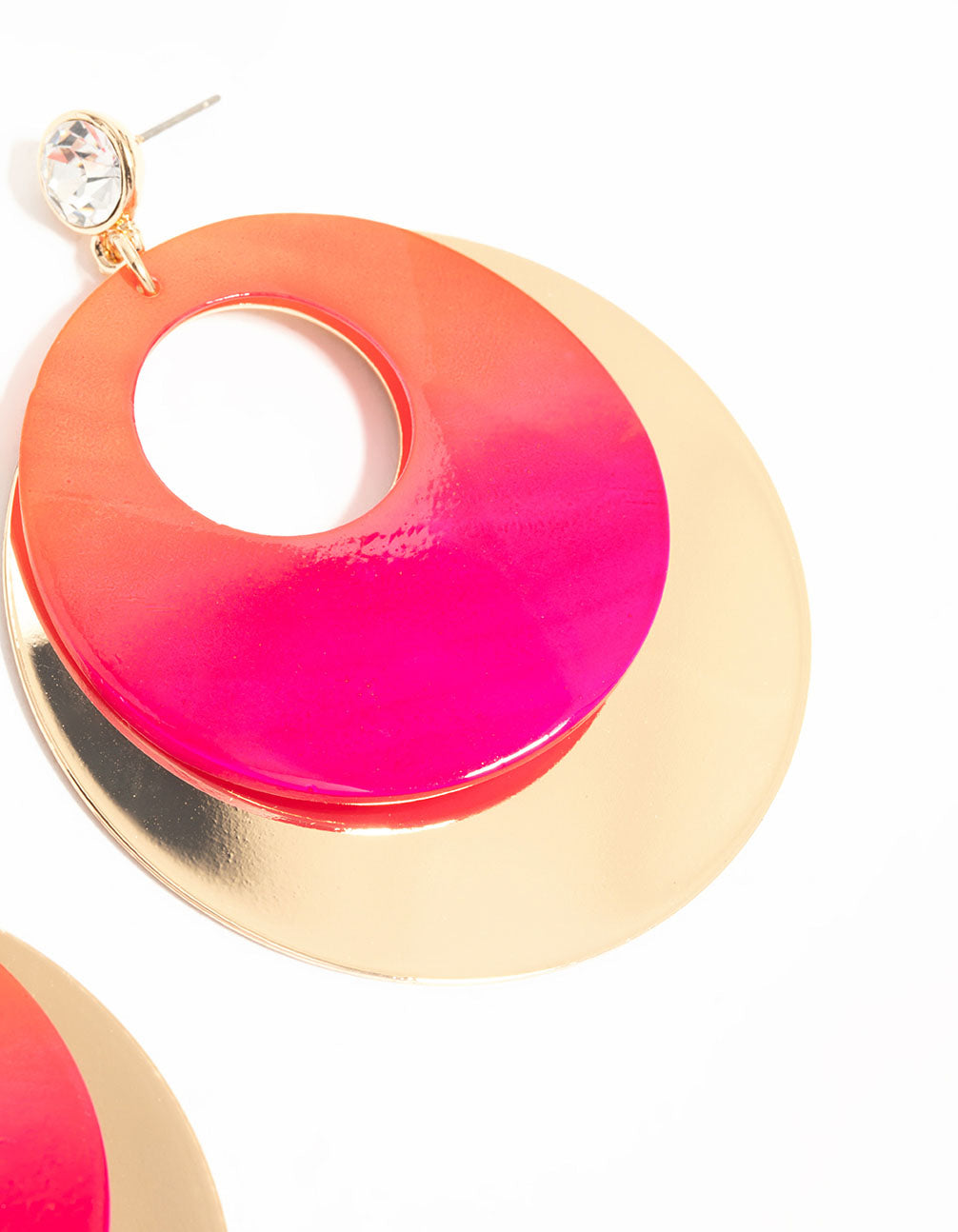 Gold Pink Diamante & Circle Drop Earrings