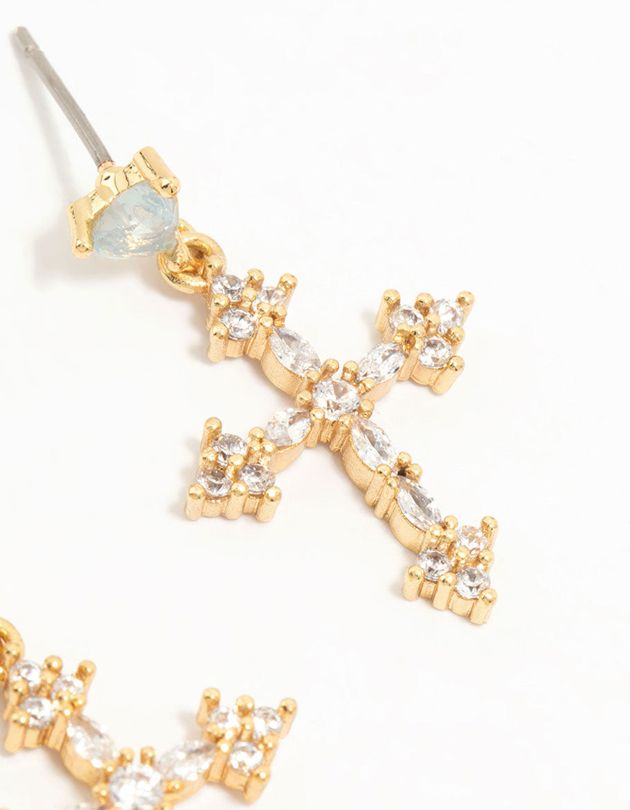Gold Plated Cubic Zirconia Cross Drop Earrings