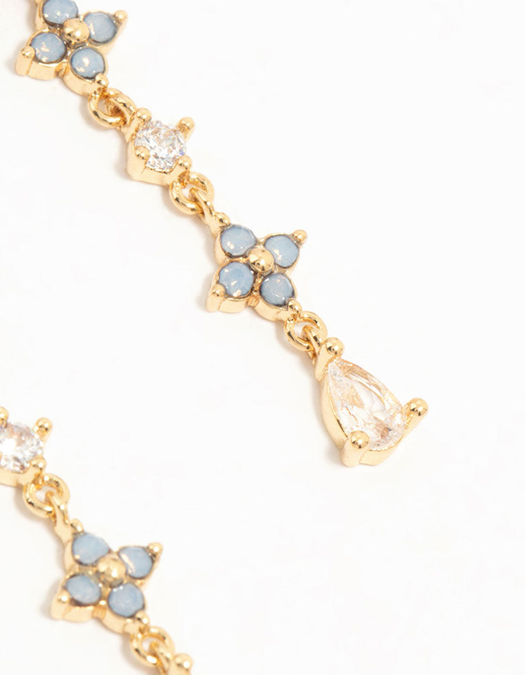 Gold Plated Blue Cubic Zirconia Floral Drop Earrings