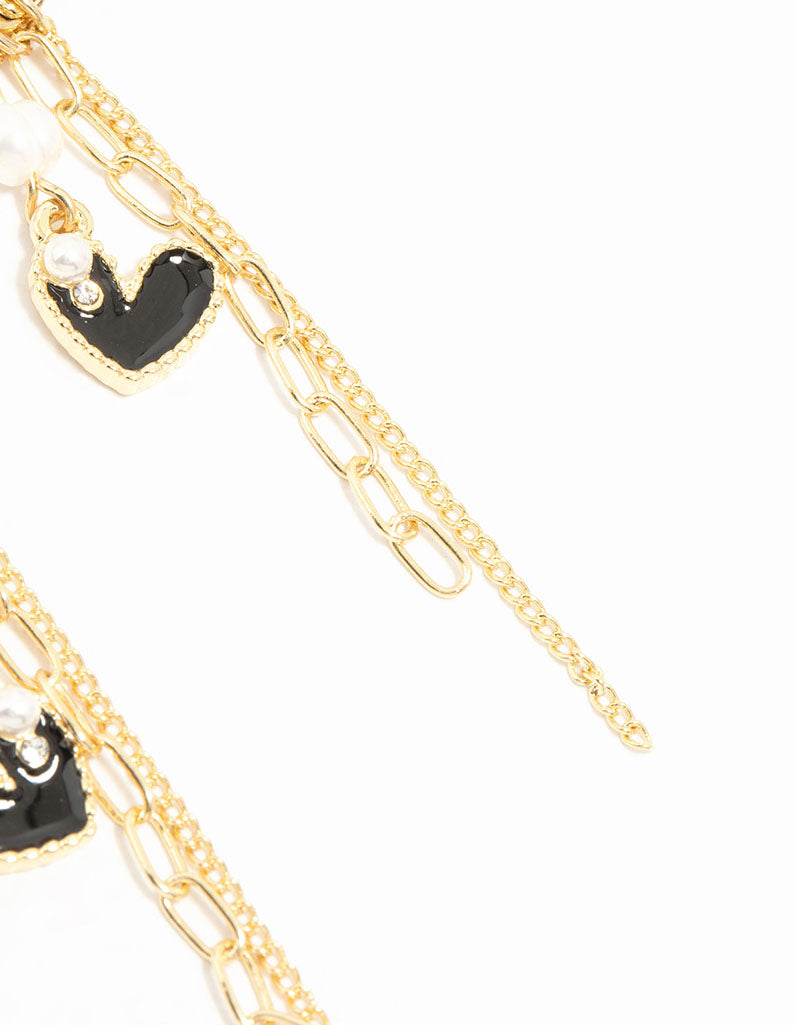 Gold Plated Pearl & Heart Chain Drop Earrings
