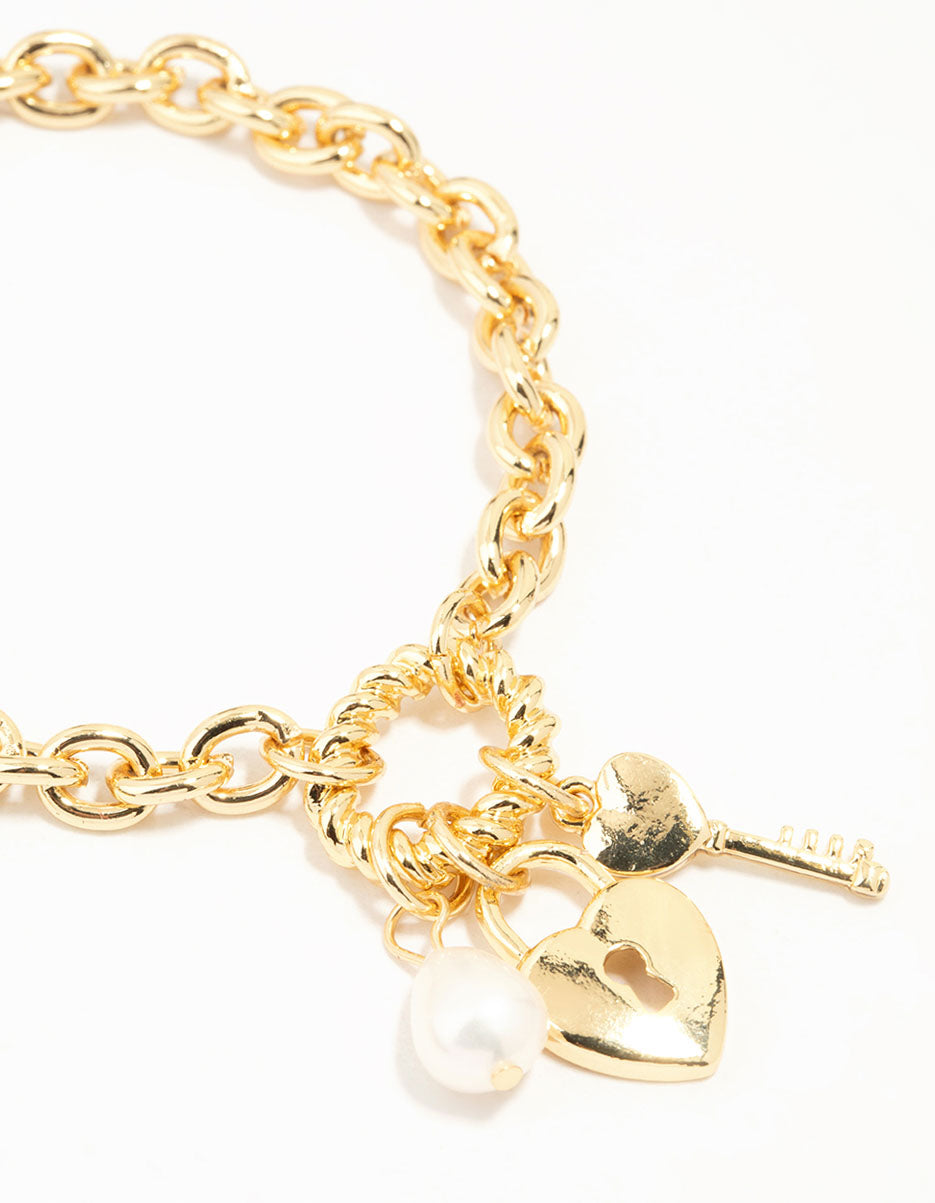 Gold Plated Chain & Lock Charm Bracelets 2-Pack