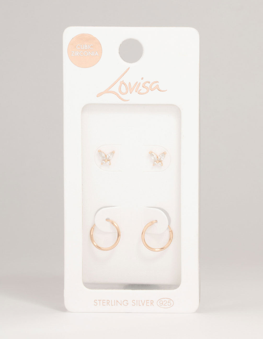 Rose Gold Plated Sterling Silver Butterfly Studs & Hoop Earrings 2-Pack