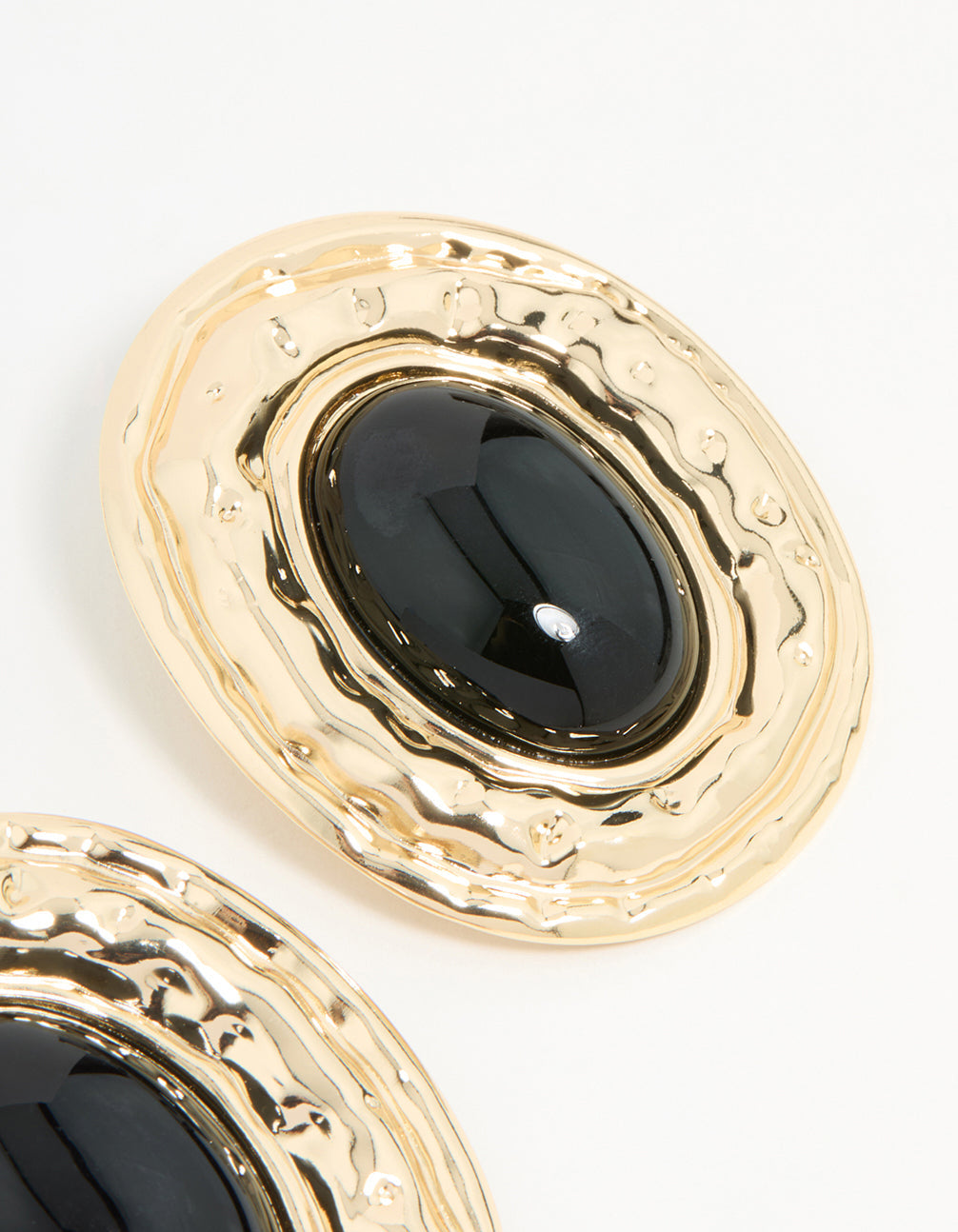 Gold Hammered Black Stone Stud Earrings
