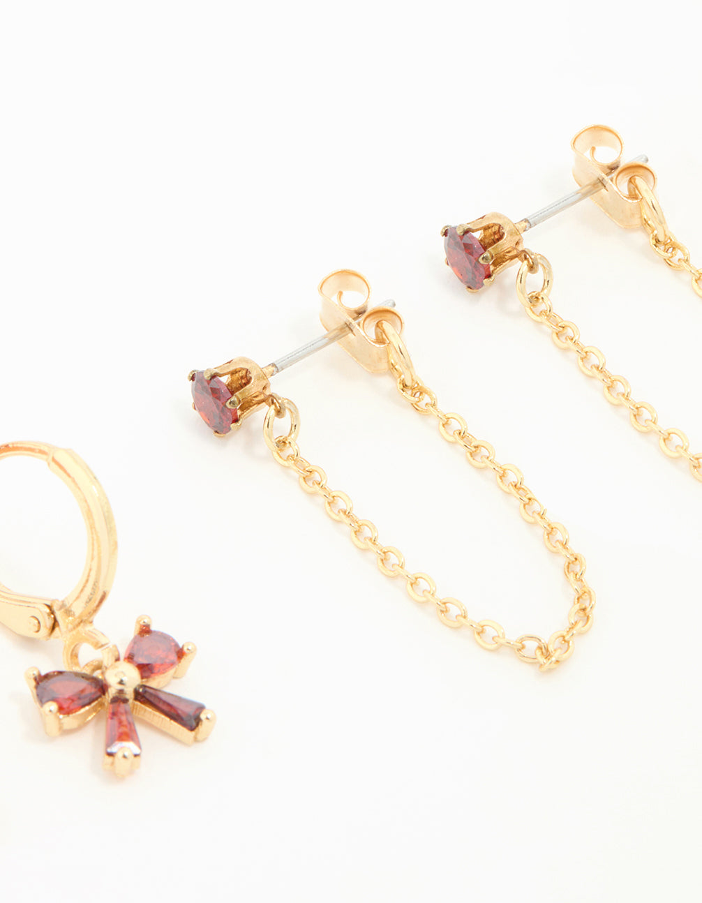Gold Red Cubic Zirconia Bow Huggie Earrings 3-Pack