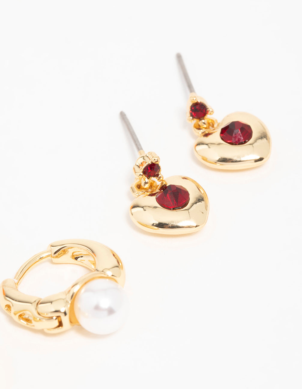 Gold Chunky Heart Stud Earrings 3-Pack