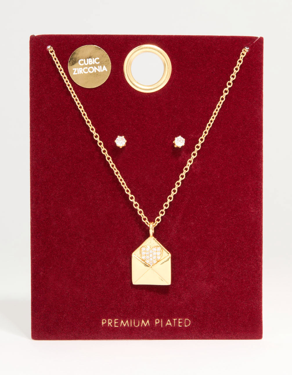 Gold Plated Cubic Zirconia Envelope Necklace & Stud Earrings Set