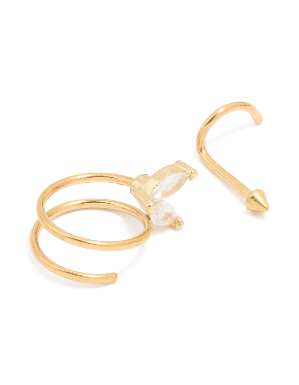 Gold Plated Surgical Steel Cubic Zirconia Nose Hook Studs & Nose Ring 3-Pack