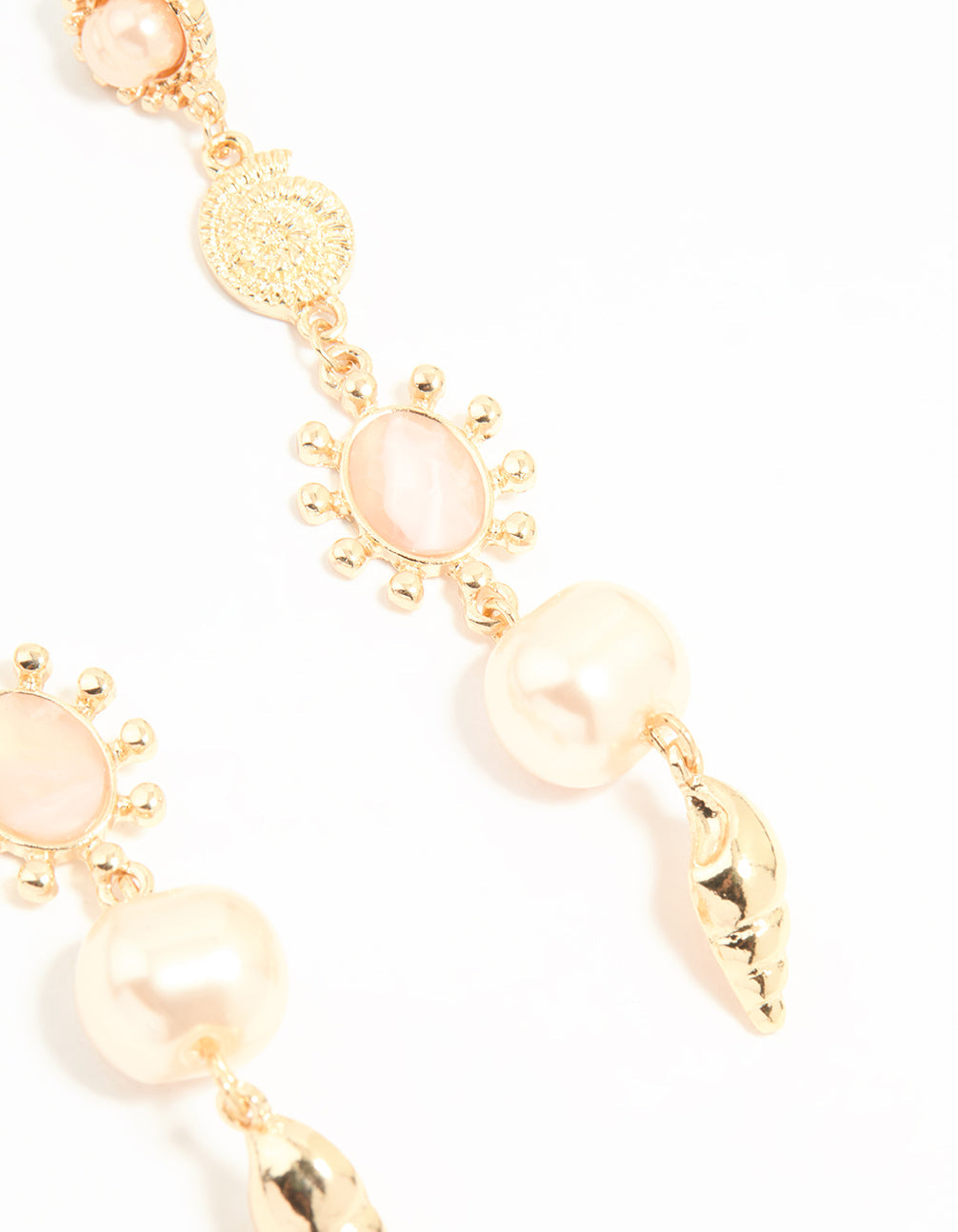 Gold Pearl & Pink Stone Drop Earrings