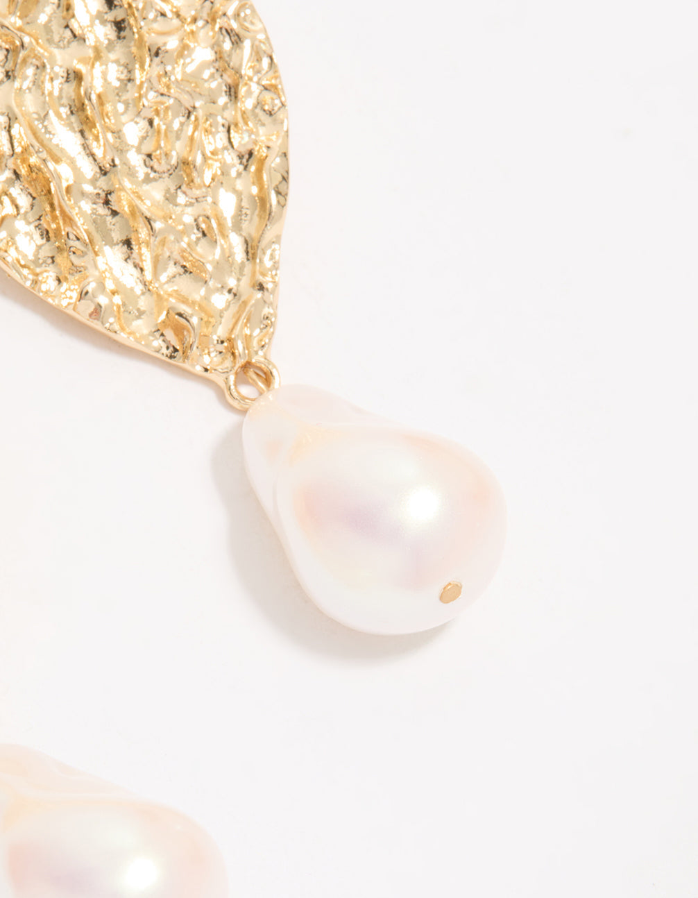 Gold Pearl Hammered Disc Drop Earrings