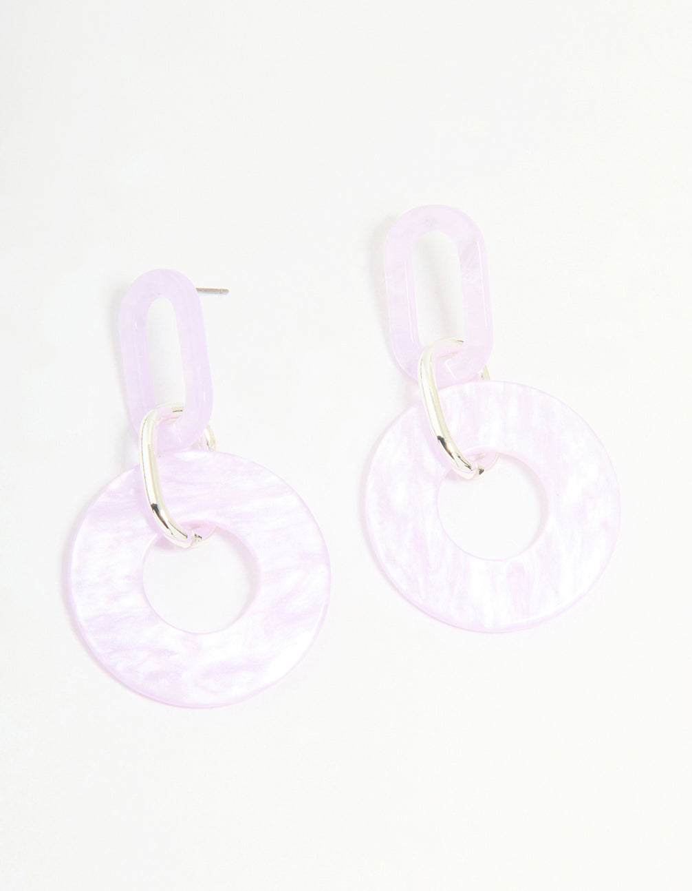Silver Pink Acrylic Circle Link Drop Earrings