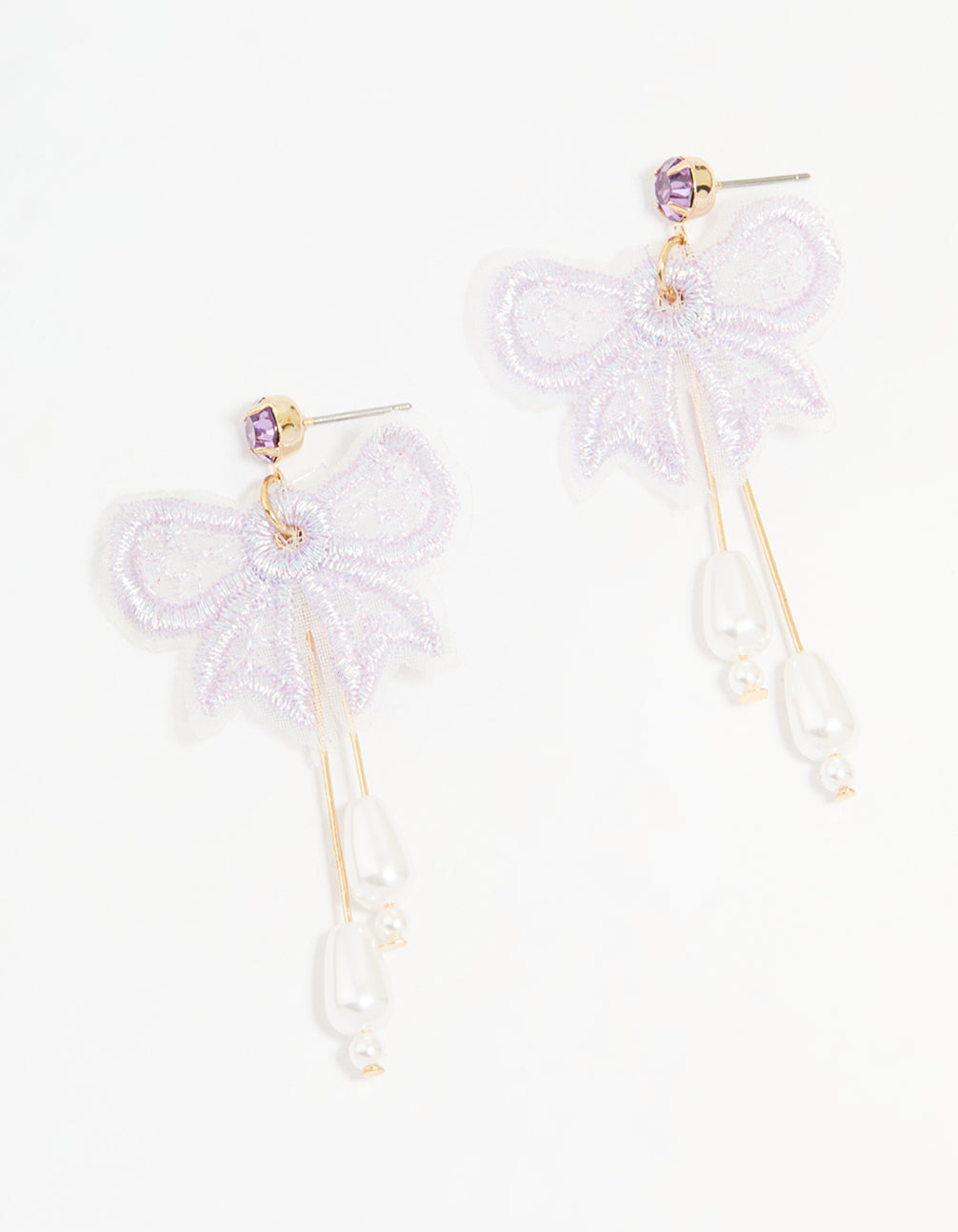 Gold Pearl Mesh Bow Drop Earrings