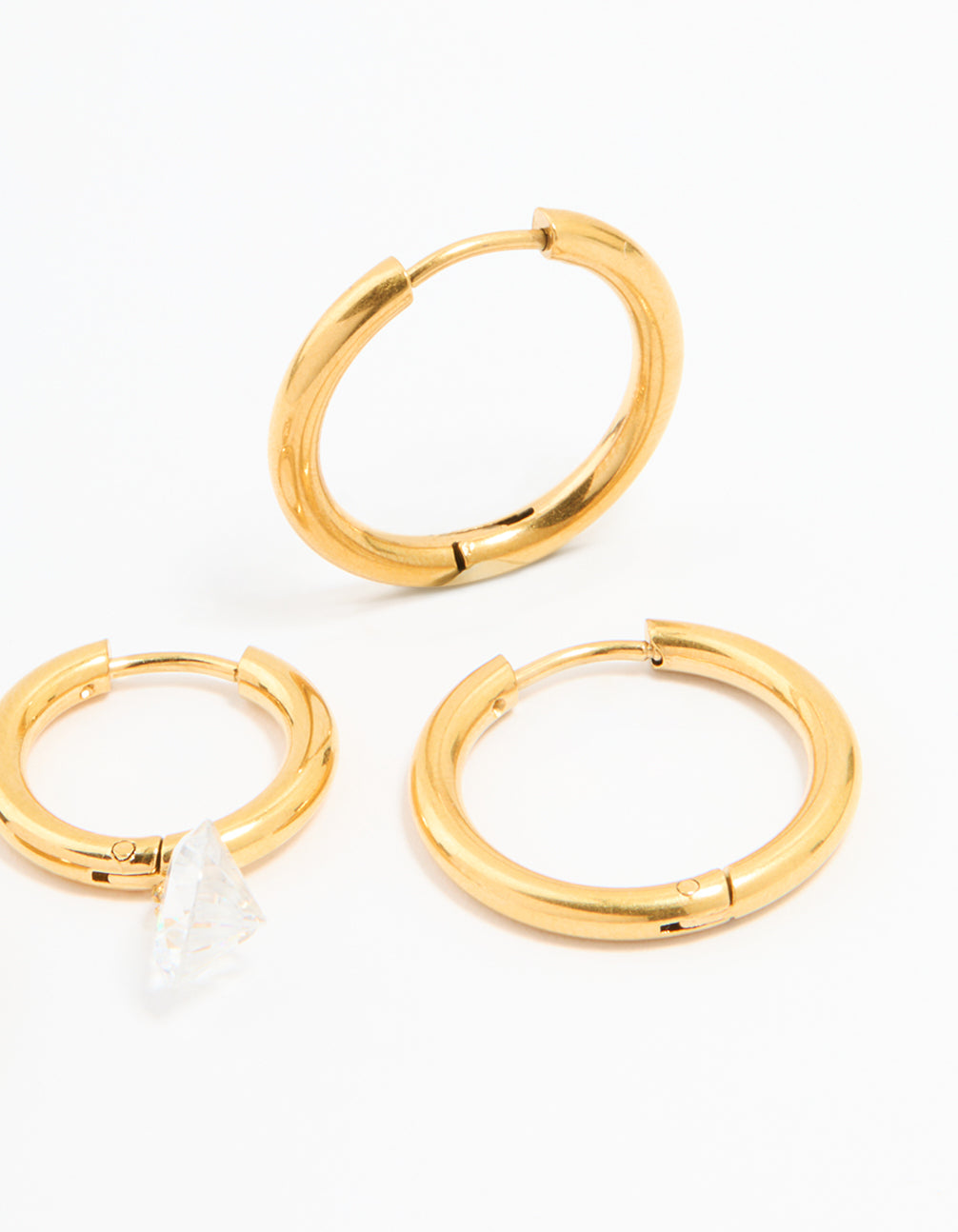 Waterproof Gold Plated Stainless Steel Cubic Zirconia Droplet & Sleek Hoop Earrings 2-Pack