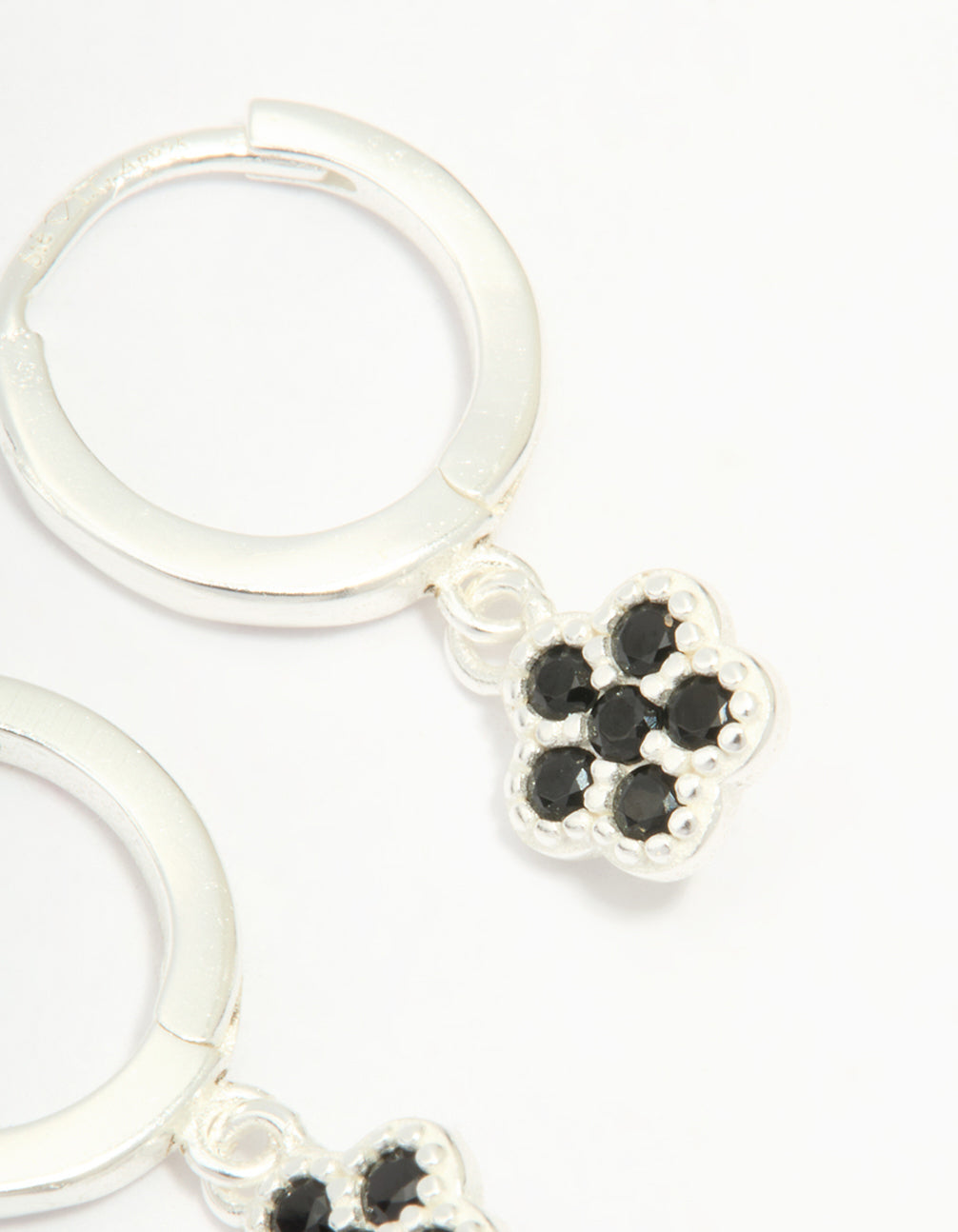 Sterling Silver Black Cubic Zirconia Flower Huggie Earrings