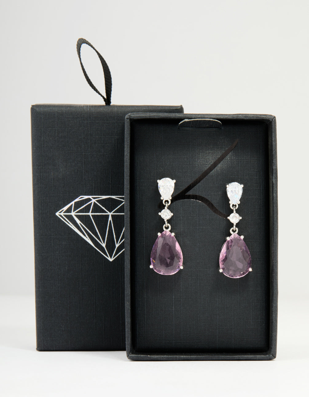 Silver Pink Cubic Zirconia Pear Drop Earrings