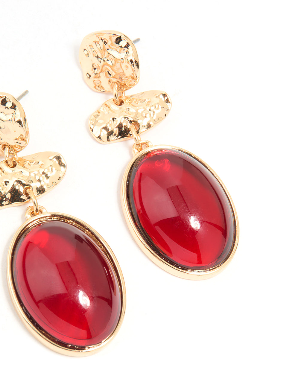 Gold Red Stone Molten Triangular Round Drop Earrings