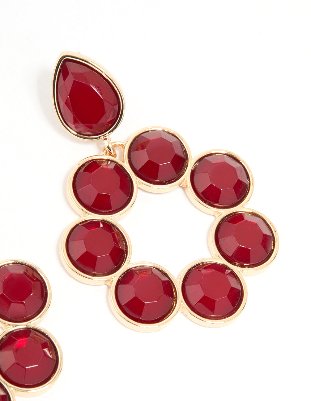 Gold Red Round Stone Drop Earrings