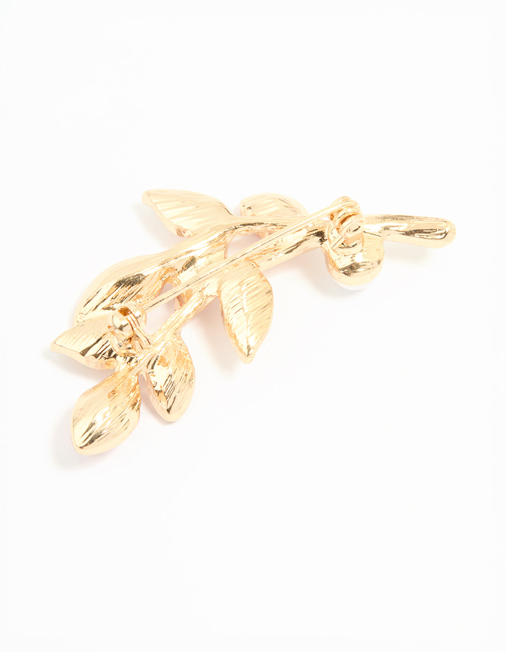 Gold Pink Diamante & Pearl Leaf Brooch