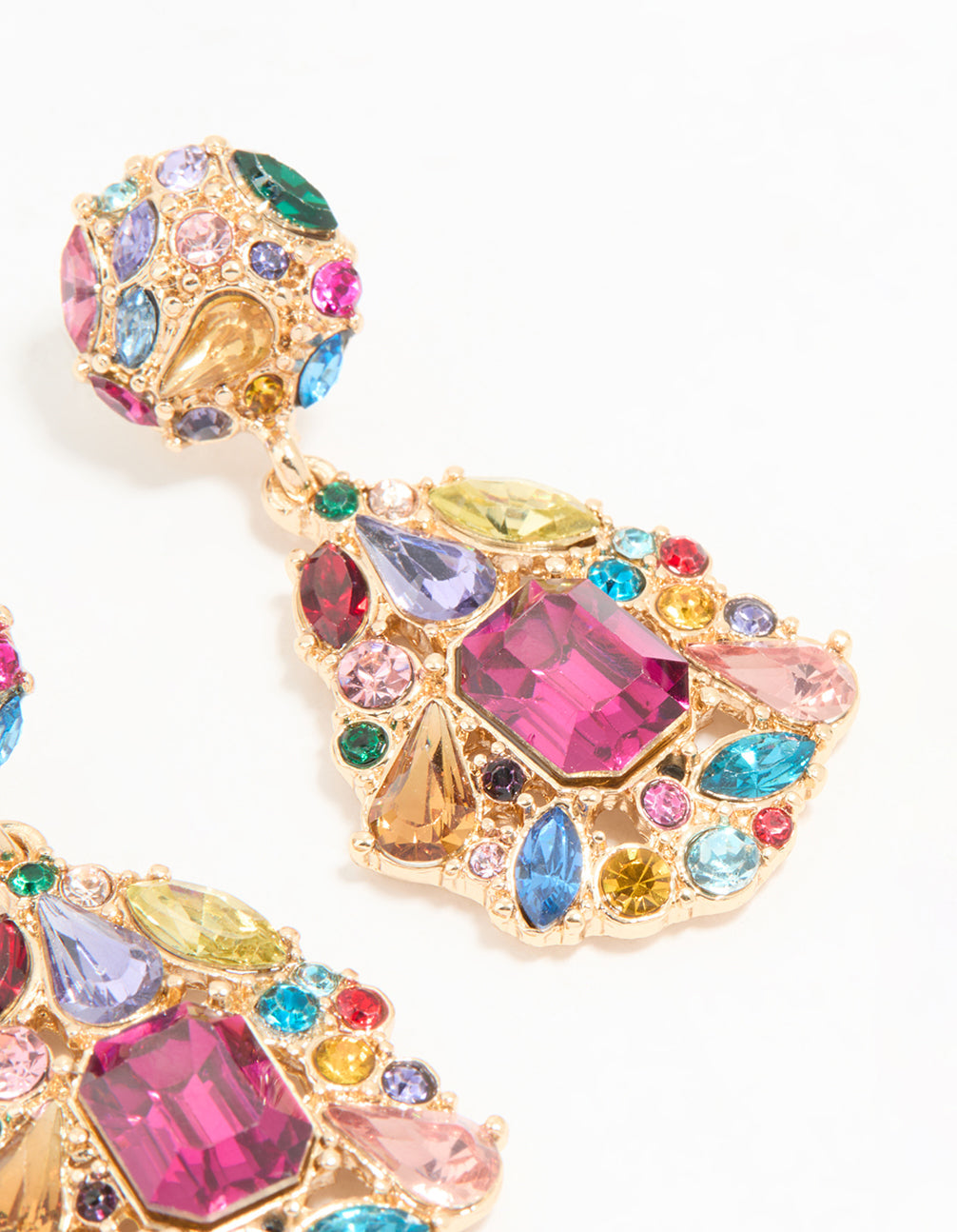 Gold Multicoloured Diamante Teardrop Drop Earrings