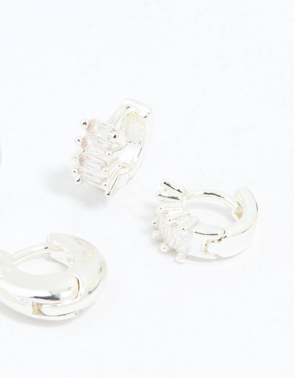 Silver Plated Brass Cubic Zirconia Baguette Hoops & Stud Earrings 4-Pack
