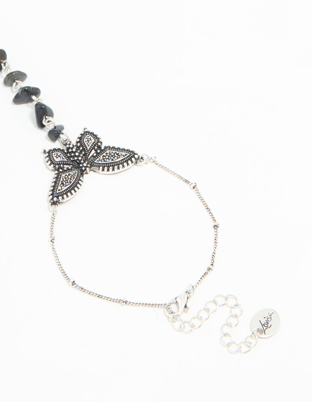 Antique Silver Black Stone & Butterfly Hand Chain