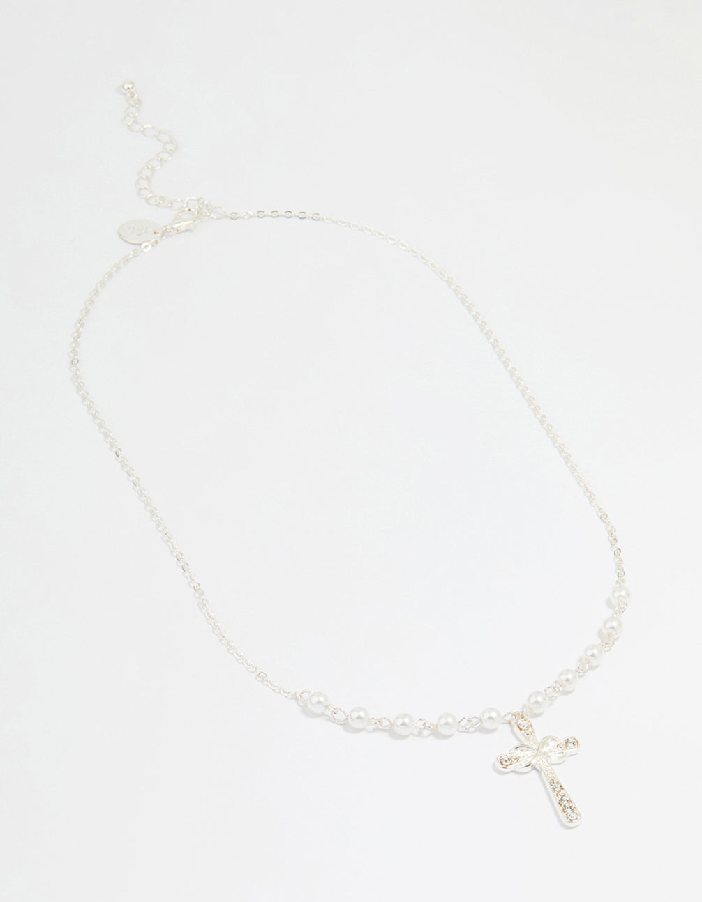 Silver Pearl Diamante Cross Pendant Necklace