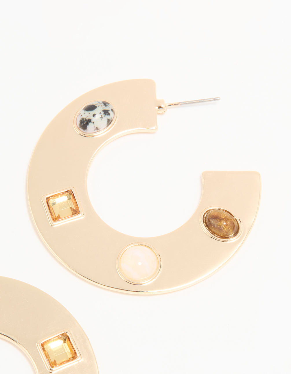 Gold Brown & Clear Stone Flat Hoop Earrings