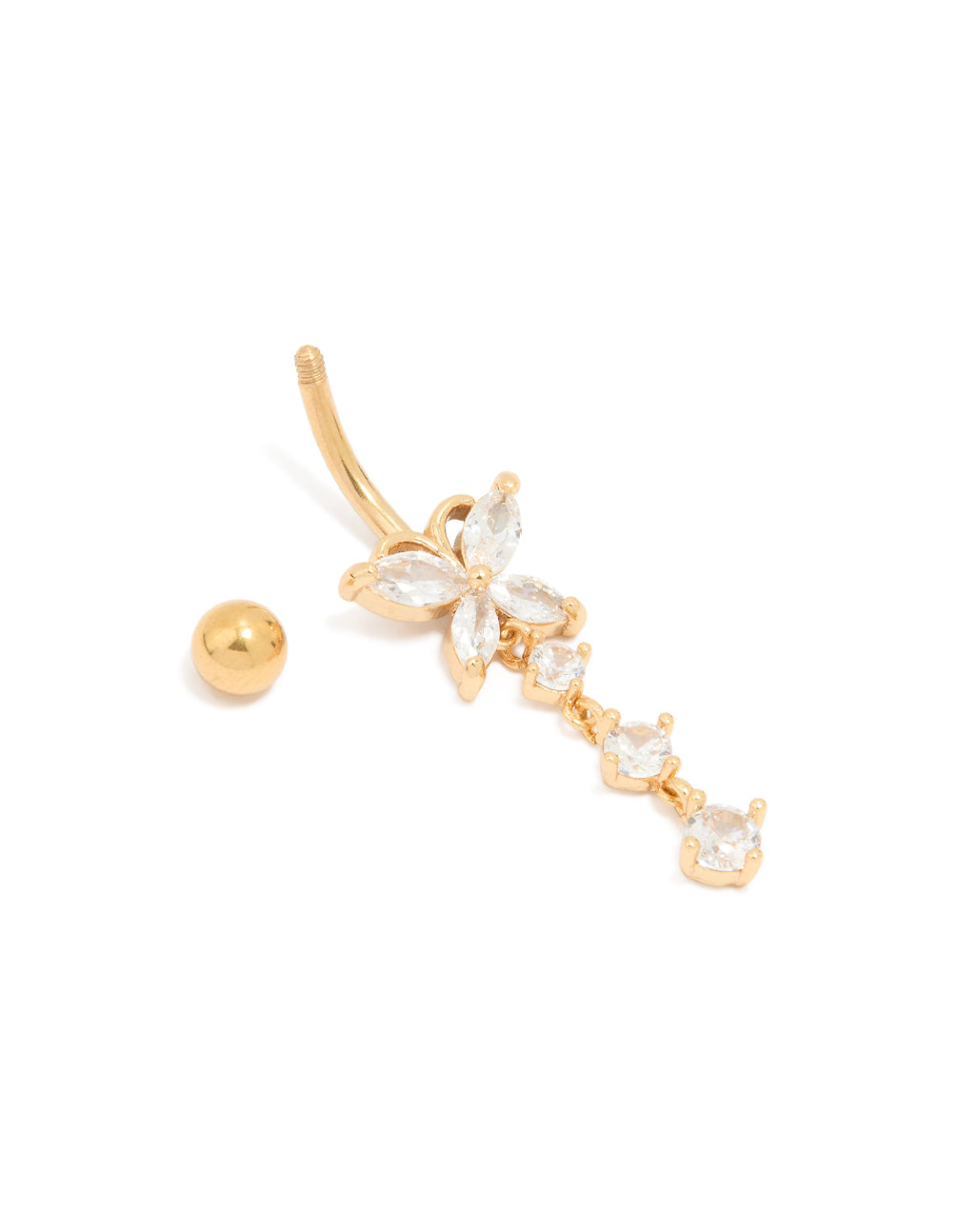 Gold Plated Titanium Cubic Zirconia Butterfly Drop Belly Bar