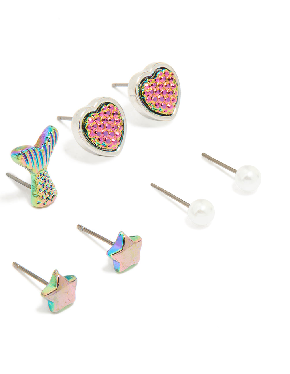 Kids Black Diamante & Mermaid Stud Earrings 6-Pack
