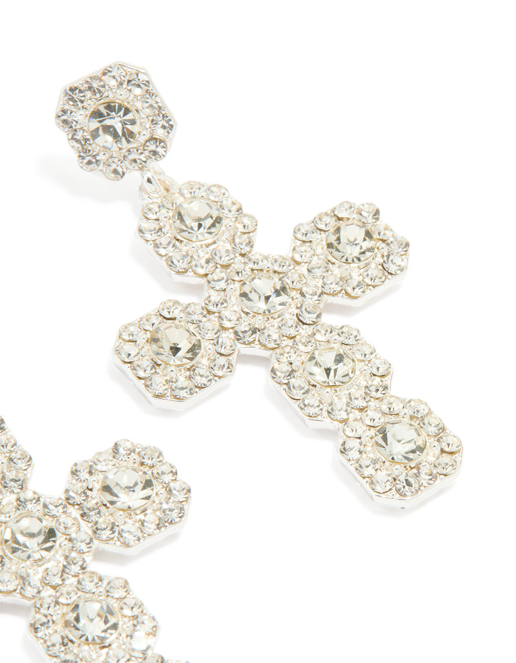 Silver Diamante Cross Drop Stud Earrings