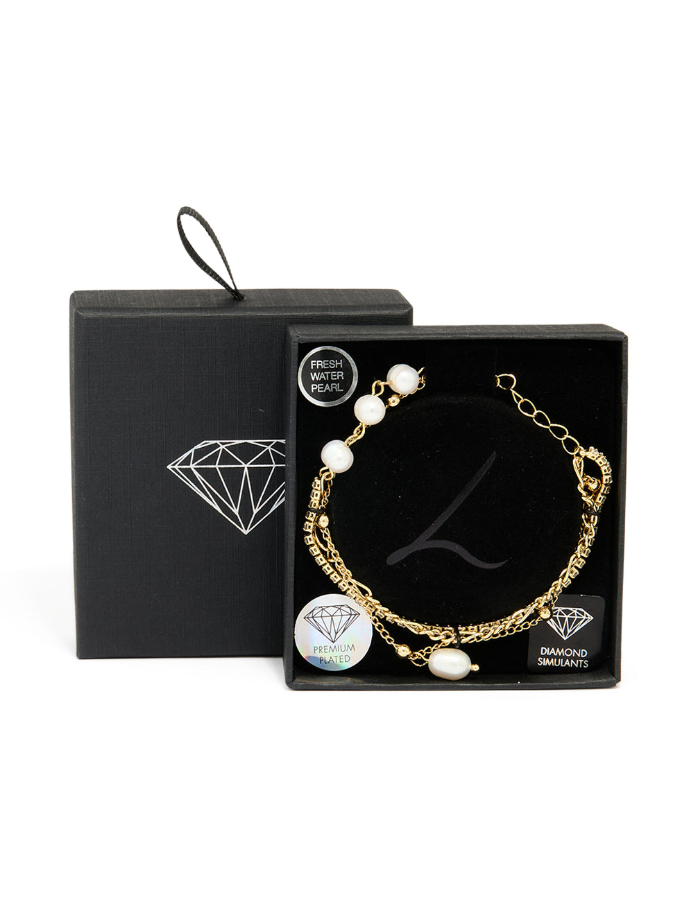 Gold Plated Freshwater Pearl Diamante Layered Chain Bracelet
