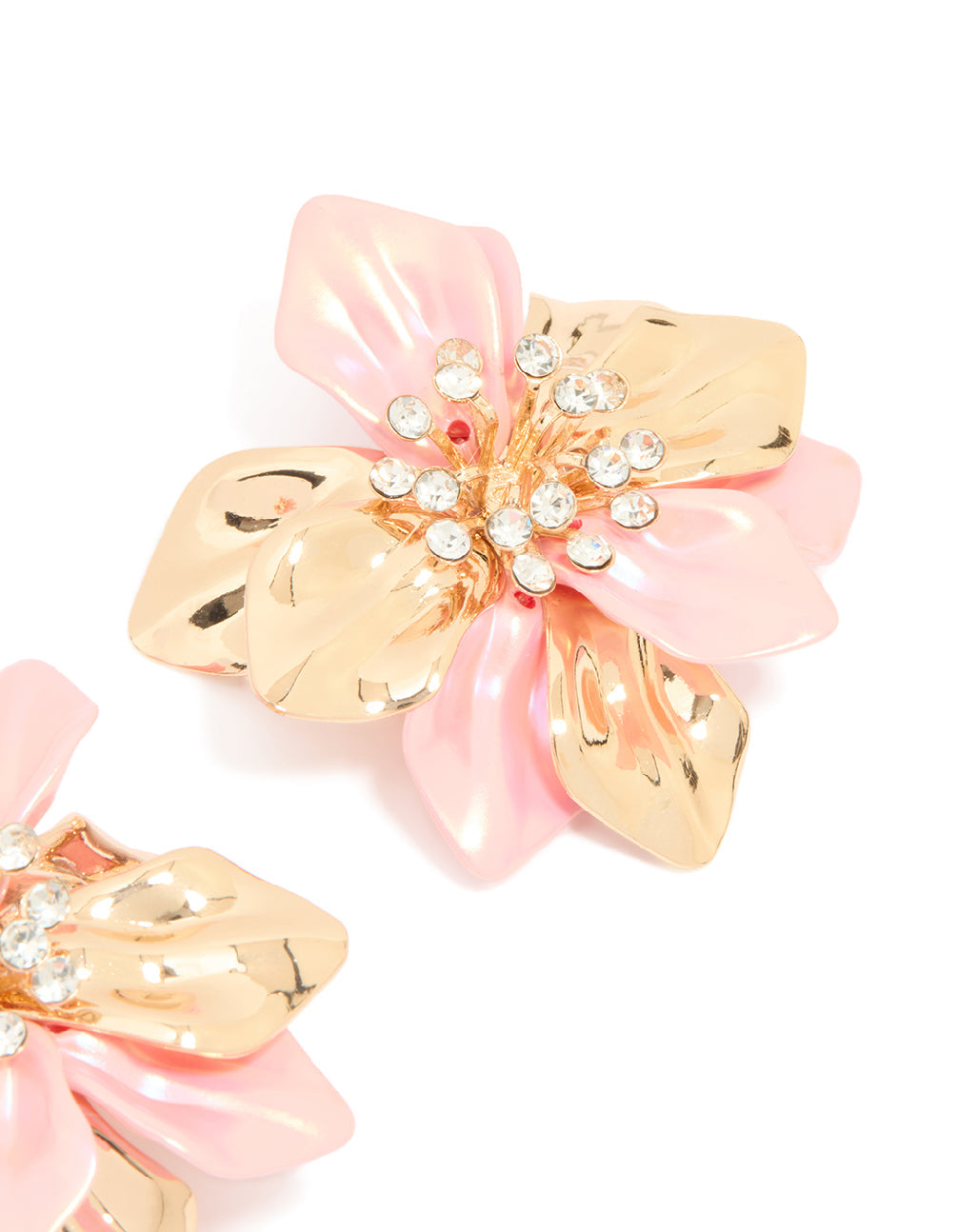 Gold Pink Coated Metal Diamante Flower Earrings