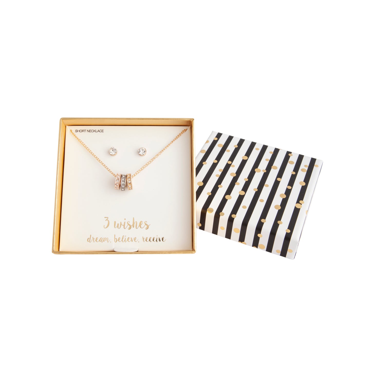 MIXED METAL TRIO RING PENDANT NECKLACE AND EARRING SET