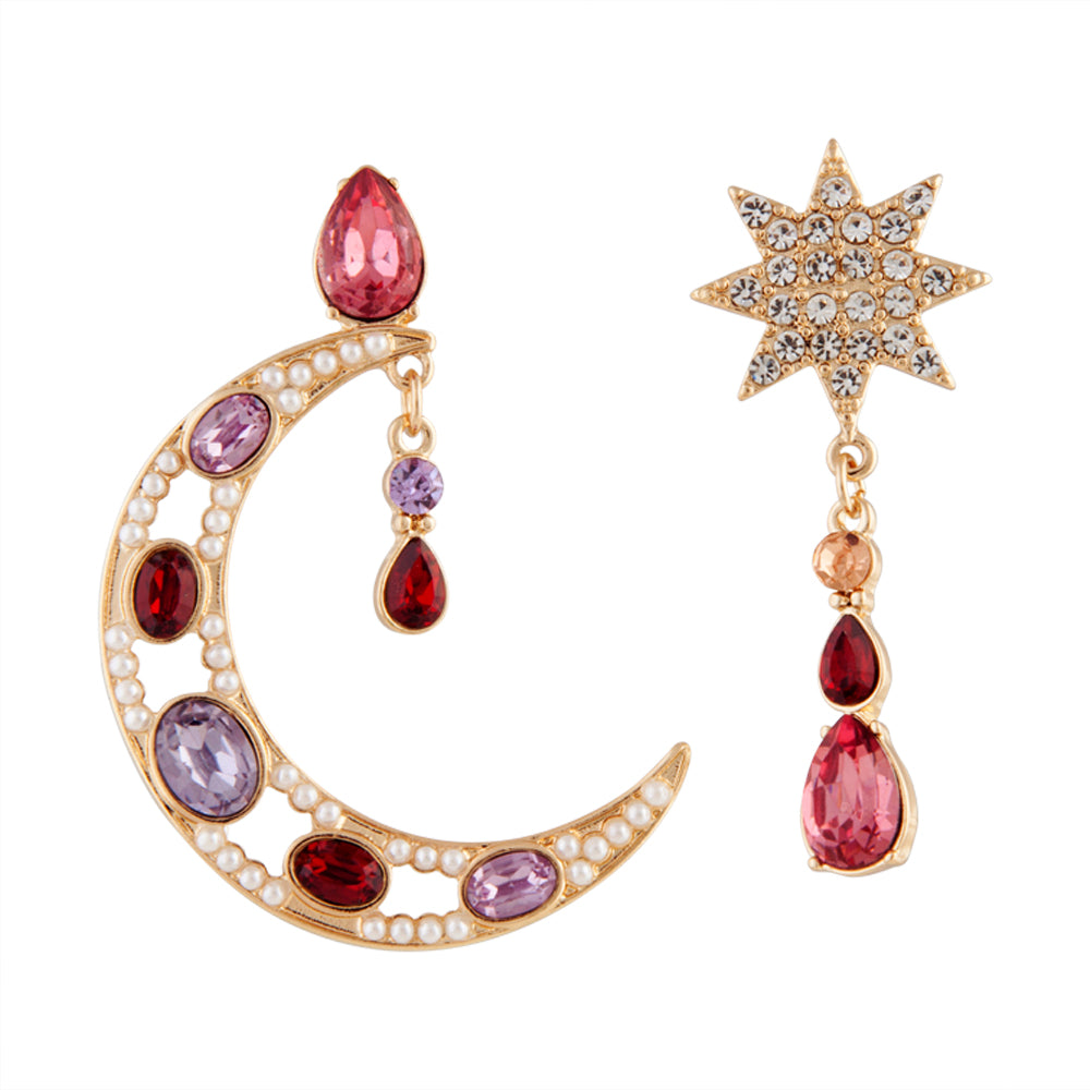 GOLD SET JEWEL MOON AND STAR TEARDROP EARRING