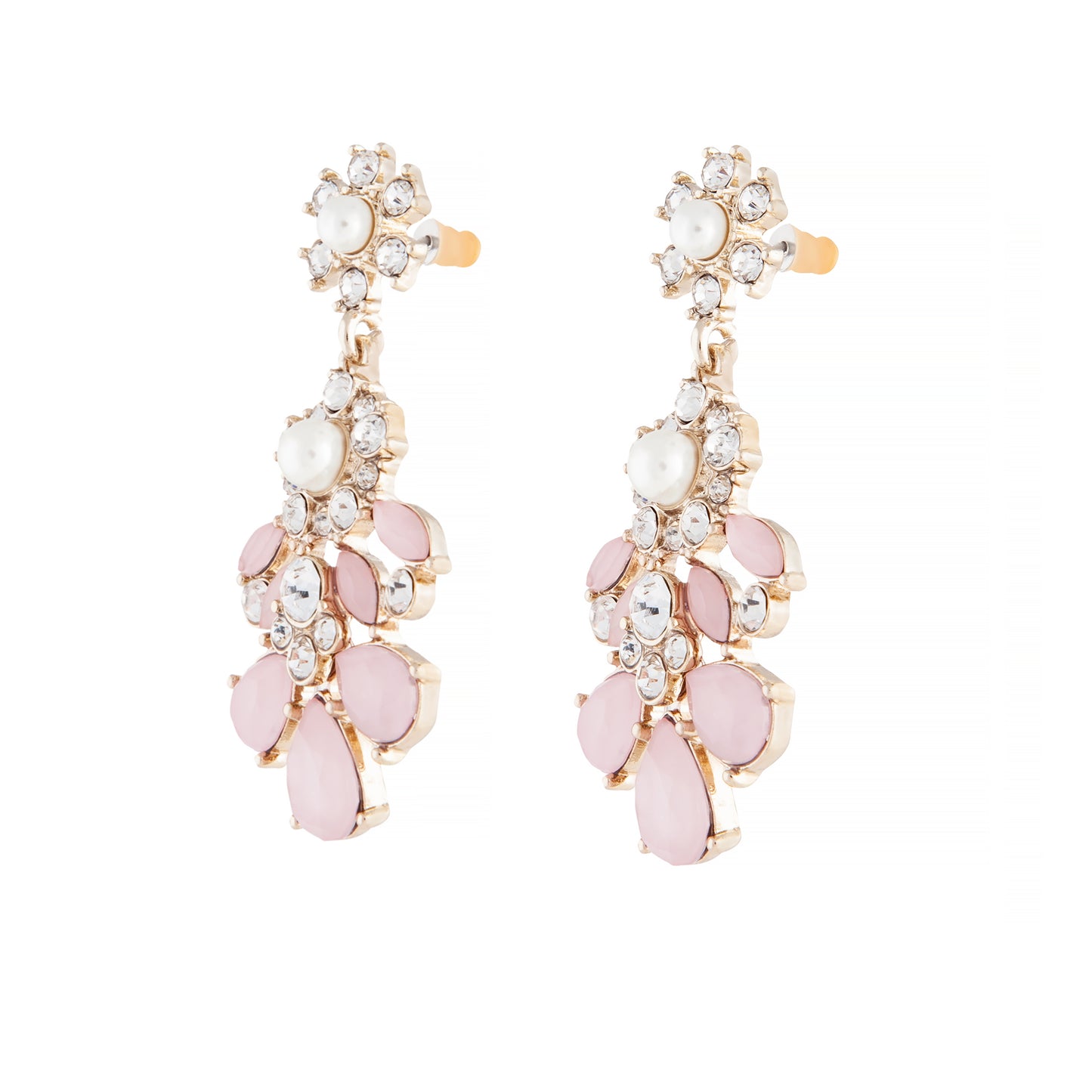 PALE GOLD STATEMENT PINK & CRYSTAL FLOWER DROP EARRING