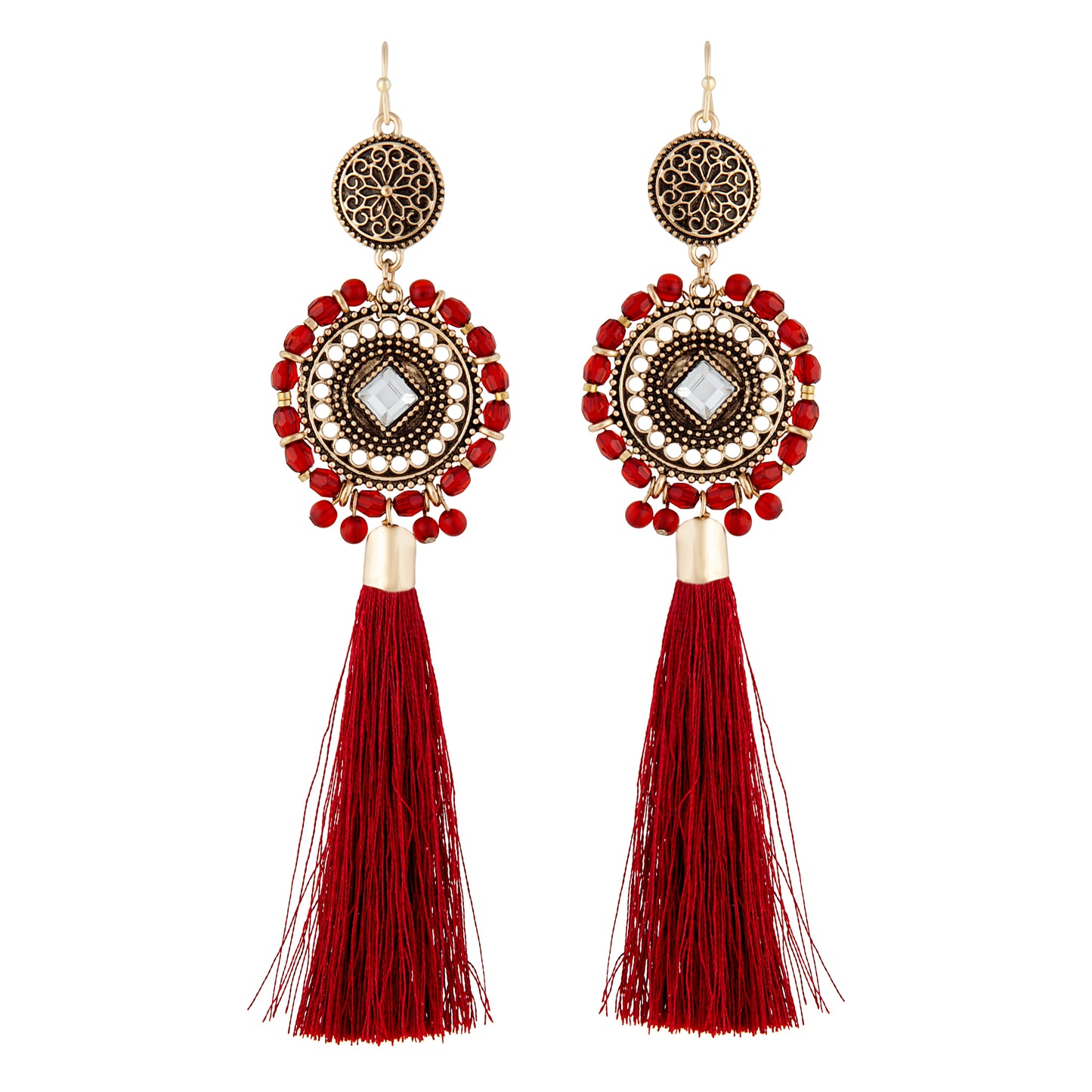 BEADED ANTIQUE GOLD DISC WITH BURGUNDY TASSEL EARRING