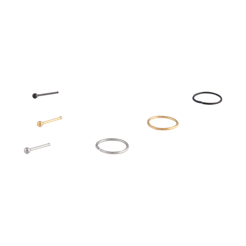 METALS SIMPLE 8mm NOSE RING & 6mm NOSE STUD 6PACK 20Gx0.8mm