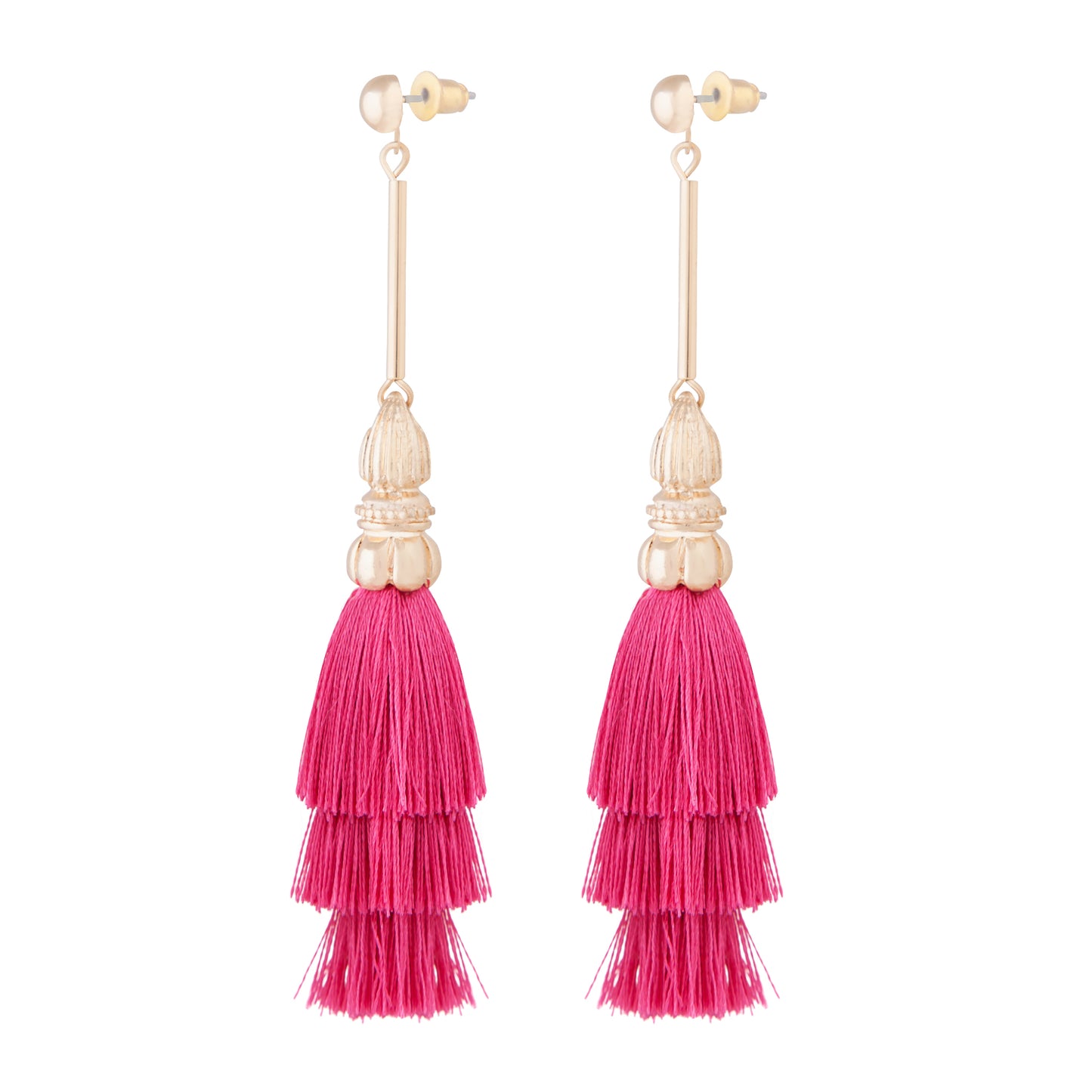 RED FUCHSIA LAYERED TASSEL ON SHINY GOLD STICK ER