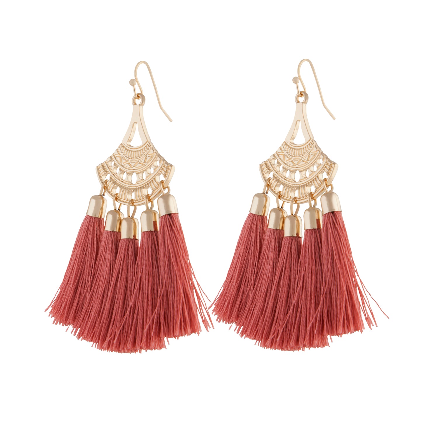 GOLD FILIGREE SHIELD WITH 5 TASSEL DROP IN CORAL