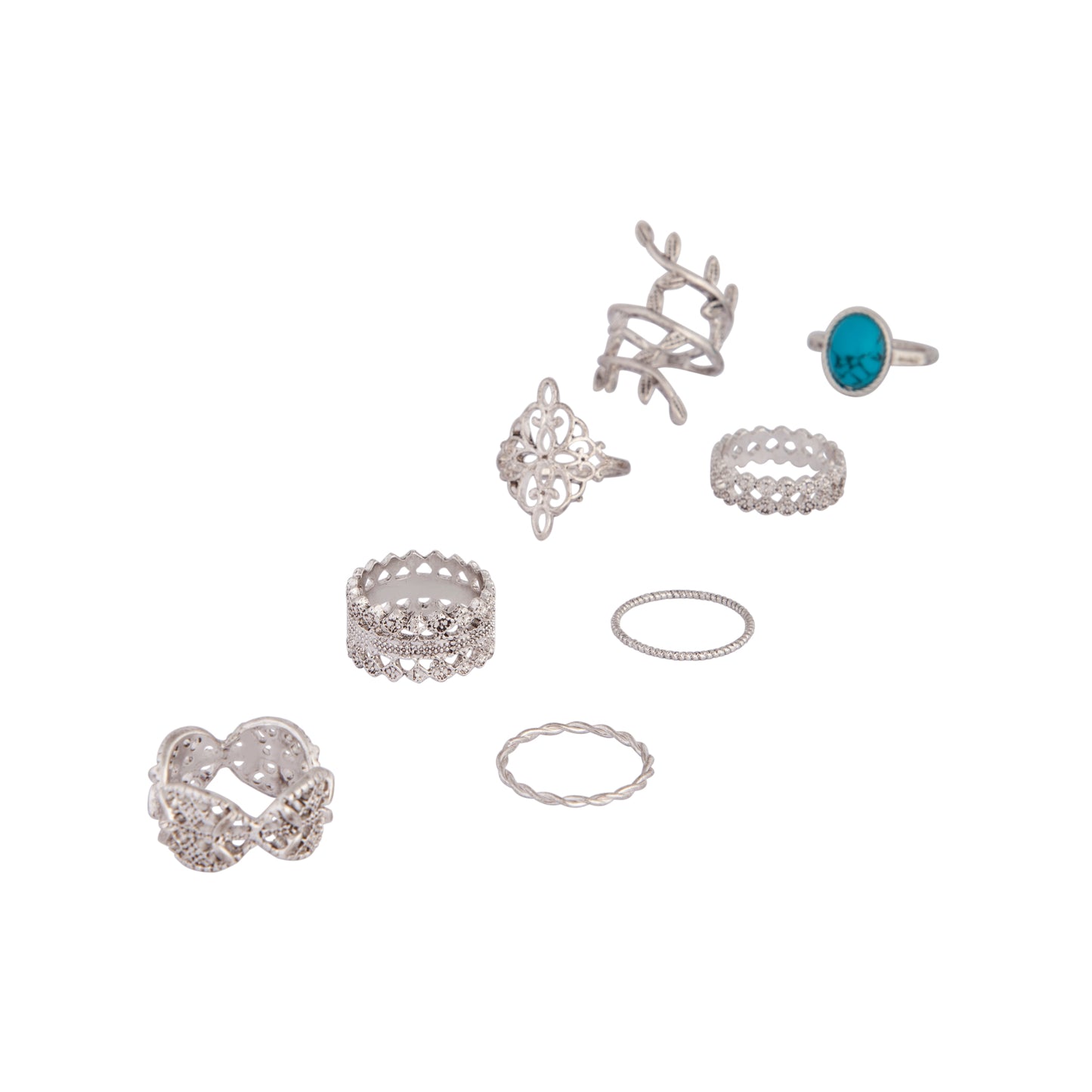 ANTIQUE SILVER ORNATE LEAF RING PACK WITH TURQUOISE STONE