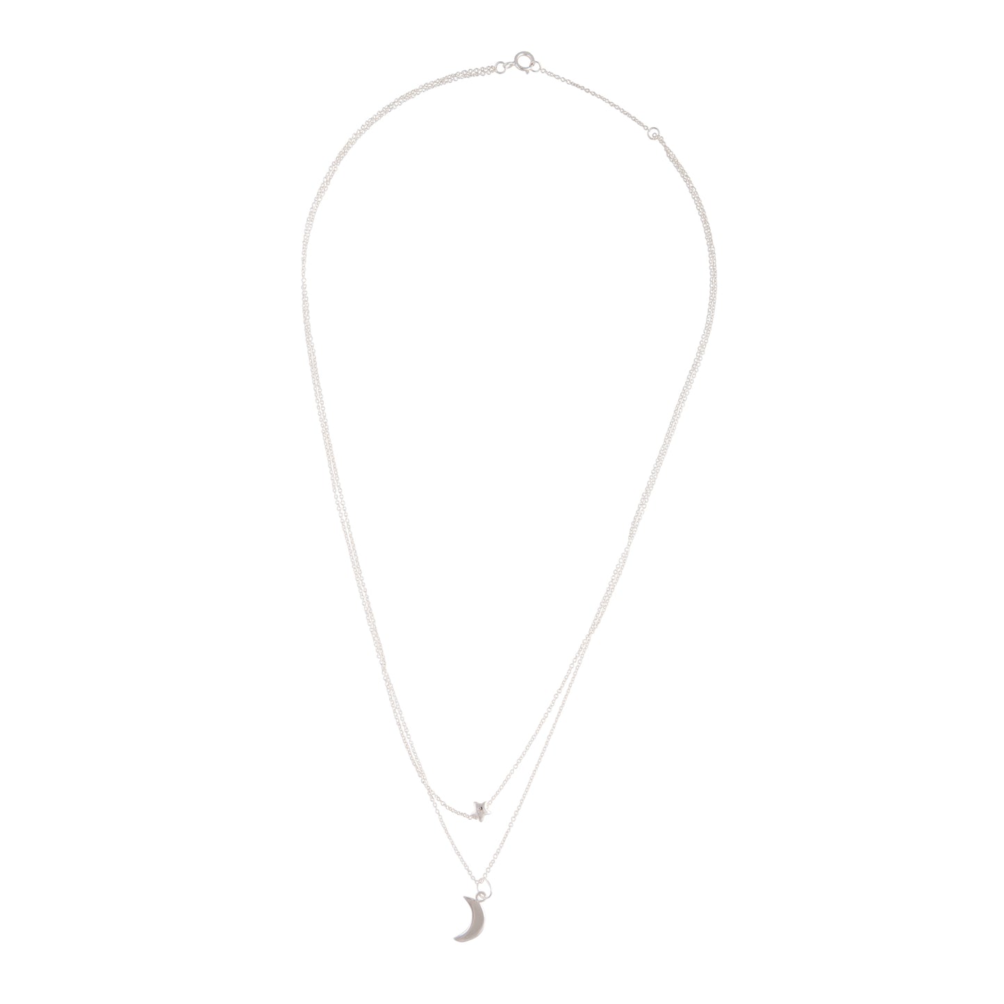 STERLING SILVER DOUBLE DROP STAR AND MOON PENDANT NECKLACE