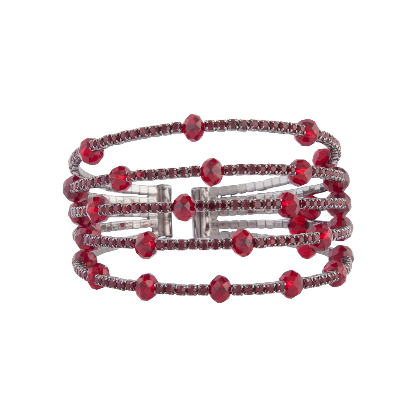 GUNMETAL DIAMANTE CUPCHAIN AND RED BEADED OPEN CUFF BRACELET