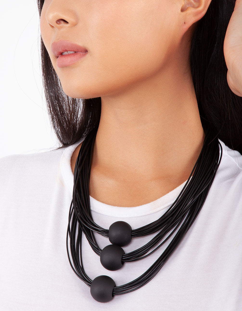 BLACK WAX CORD AND BALL TRIO MATINEE NECKLACE