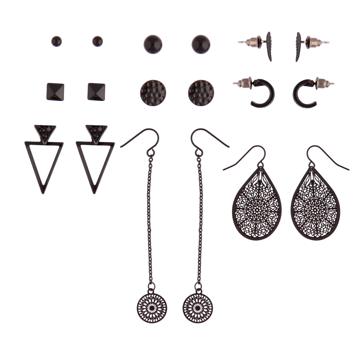 BLACK COATED METAL FILIGREE DROP AND ASSORTED STUD 9PACK
