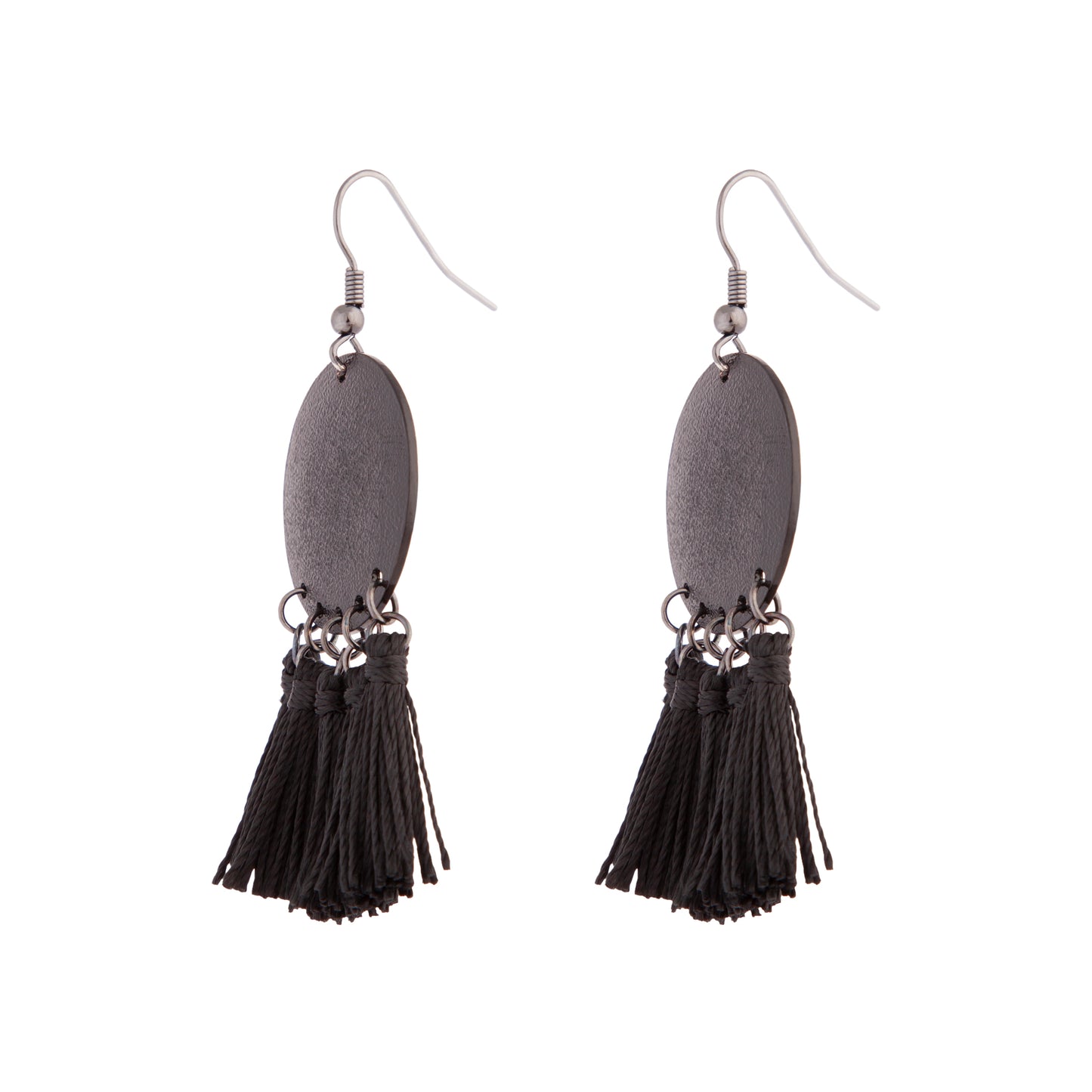 BLACK COATED METAL SANDBLAST DISC DROP EARRING TASSELS
