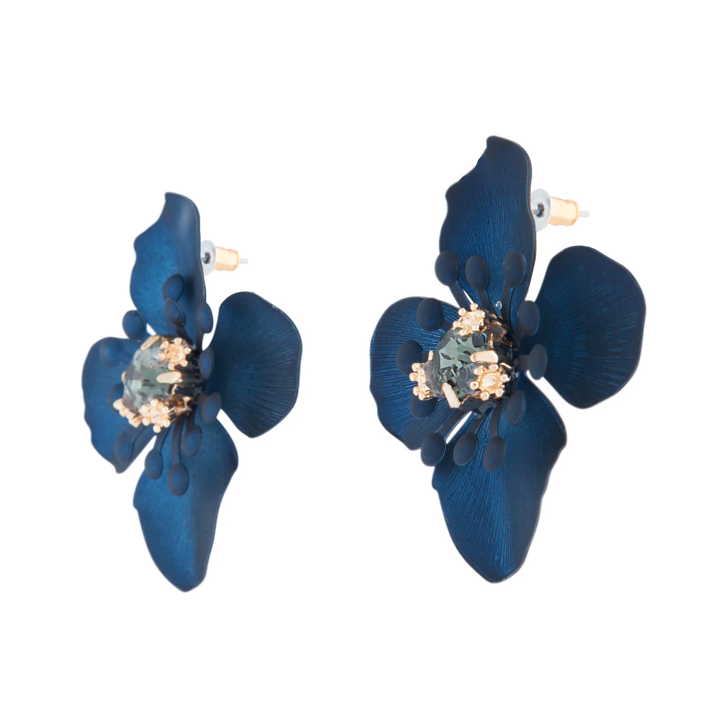 MATTE COATED METAL ORCHID STUD EARRING IN NAVY