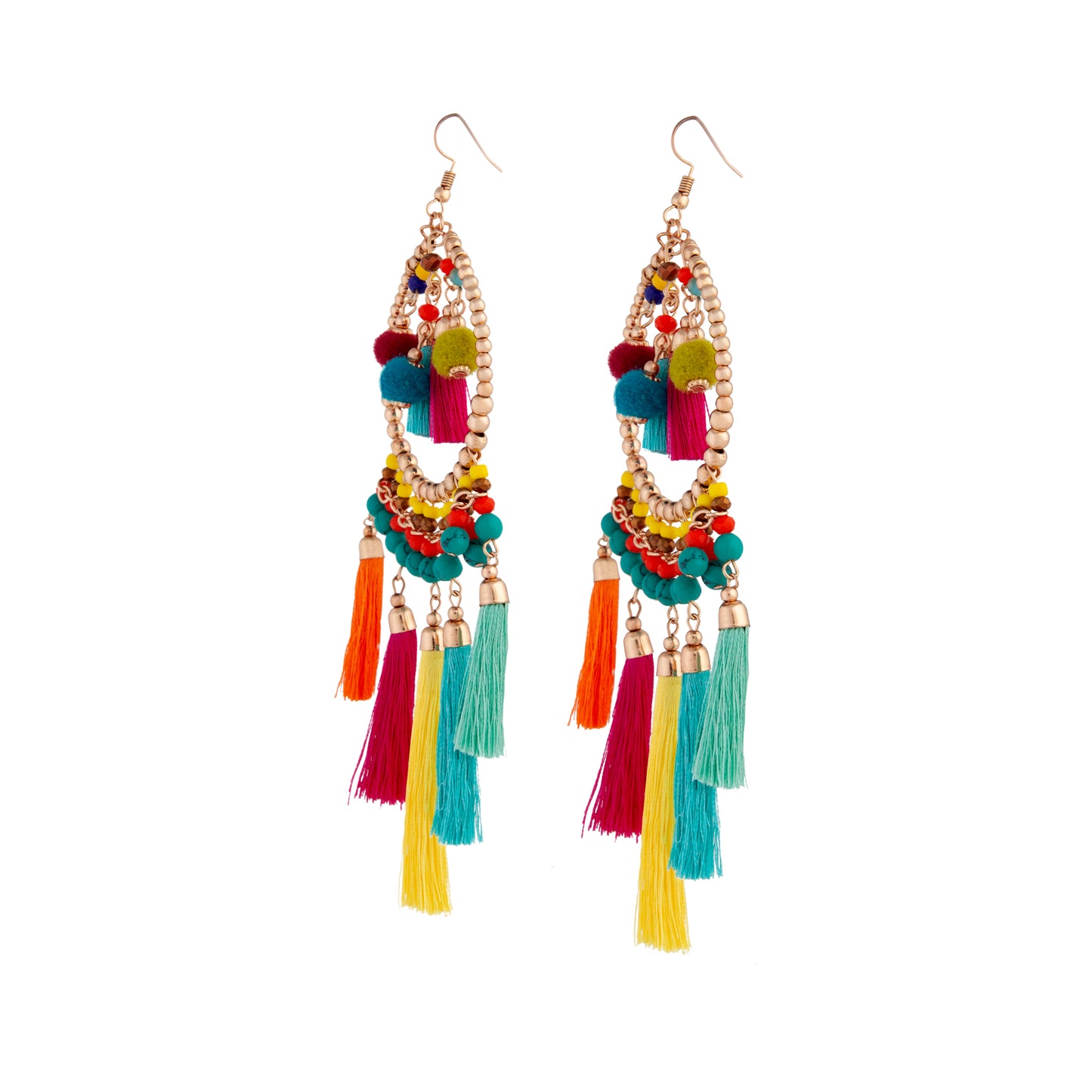 MIXED BRIGHTS BEADED HOOP WITH POM POM AND TASSEL ACCENTS