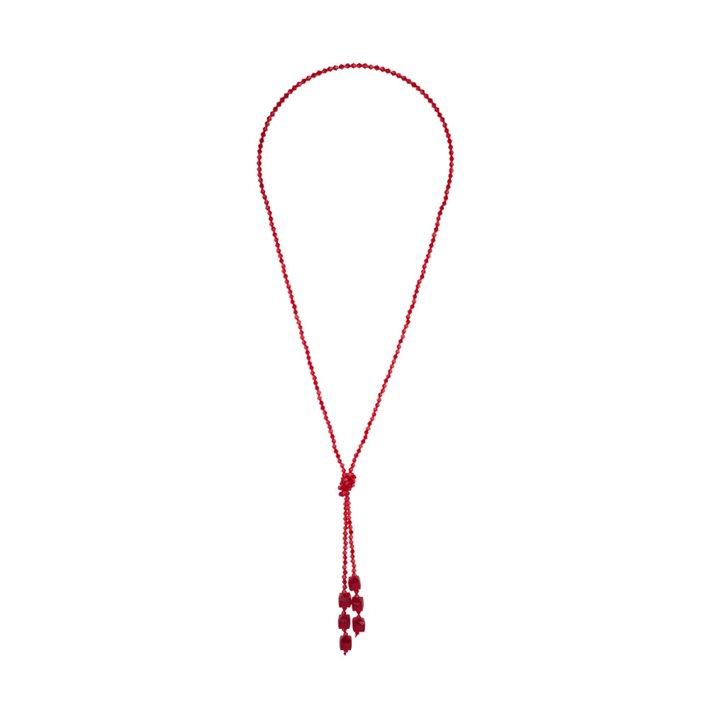 RED FACET BEAD LARIAT NECKLACE