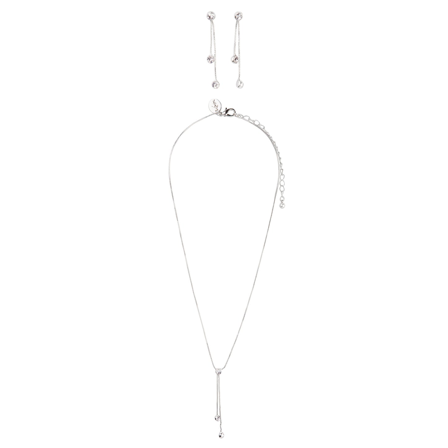 TRIO DIAMANTE ON THIN SILVER CHAIN EARRING AND NECKLACE